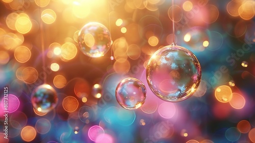  A series of bubbles dangle from a string against a gradient backdrop of blue and pink, with hazy light illuminating the surroundings