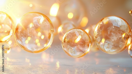  A close-up of a cluster of bubbles resting on a table, surrounded by a hazy aura of floating bubbles