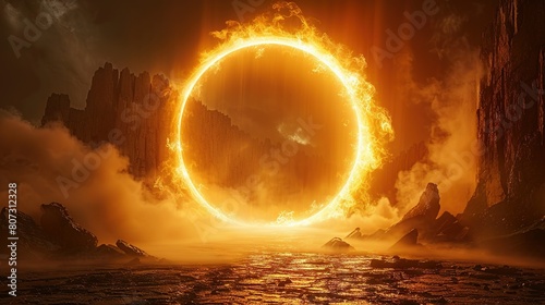   A fiery ring surrounding a body of water, set against a backdrop of towering mountains and wispy clouds