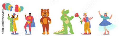 Joyful Animator Characters In Vibrant Costumes of Magician, Superhero, Bear, Crocodile, Clown And Ballerina, Vector