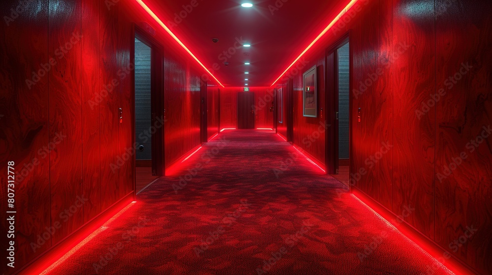   Red-lit hallway with red rug and wall decorations, ending in a single red light