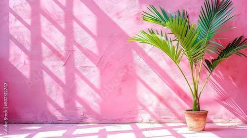  A potted plant resting in front of a pink wall under a palm tree's elongated shadow