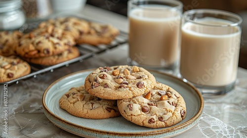   A plate of chocolate chip cookies  a glass of milk  and a cooling rack of cookies are placed on a table