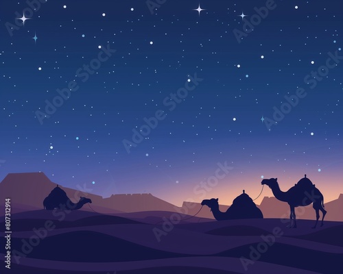 Camels silhouetted against a starry night sky in the desert.  Star gazing and desert tranquility concept. Design for poster  banner