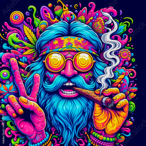 Digital art vibrant colorful psychedelic hippie character smoking a blunt