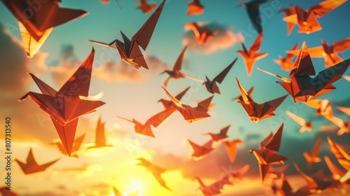 origami birds in flight at sunset