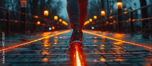 close up robot walks on a lighted walkway photo