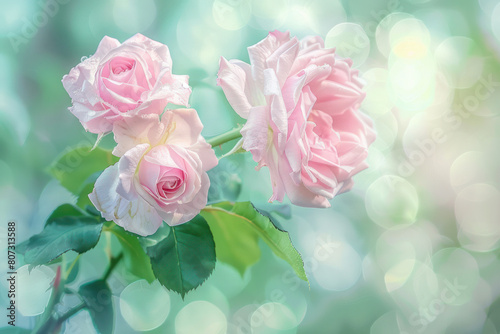 Detailed view of two pink roses blooming on a branch  surrounded by green leaves