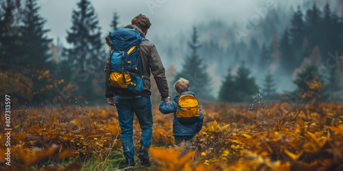 Man and Child Walking Through Field