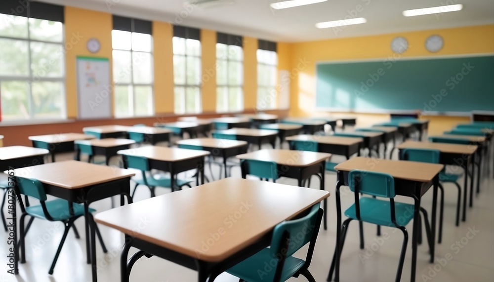 view of elementary class room no kid or teacher with chairs and tables in campus. Back to school concept, teacher's day, created with generative ai	