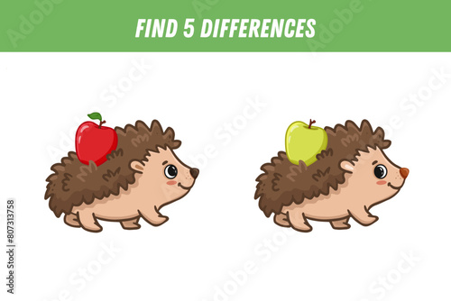Find five differences between two pictures of cute hedgehog. Cartoon hedgehog and apple. Activity page. Vector illustration