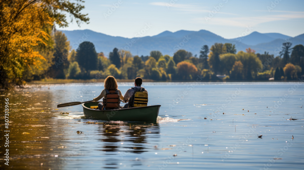 Autumn Canoeing on a Serene Lake with a Couple Enjoying Nature and Adventure