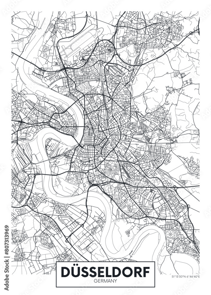 City map Dusseldorf, detailed urban planning travel vector poster design