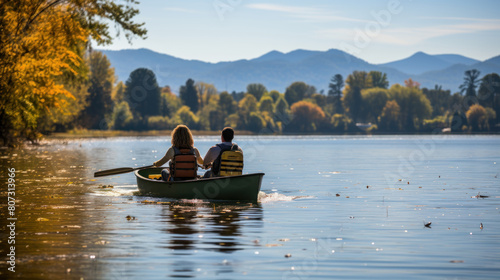 Autumn Canoeing on a Serene Lake with a Couple Enjoying Nature and Adventure