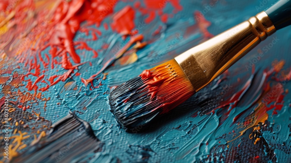 Fototapeta premium Close Up of a Paintbrush With Red and Yellow Paint