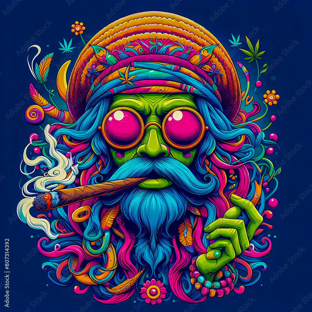 Digital art vibrant colorful psychedelic hippie character smoking a blunt