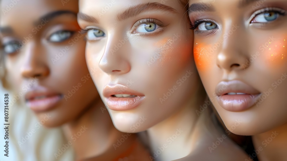 Closeup of three diverse beauty models with glowing skin for empowerment ads. Concept Closeup, Beauty Models, Diverse, Glowing Skin, Empowerment Ads