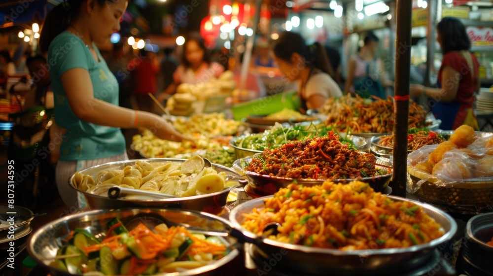 A woman stands beside a large table overflowing with a variety of delicious foods.
