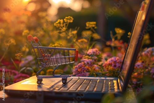Shopping cart on laptop keyboard with garden background during sunset  e-commerce concept