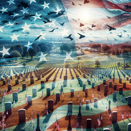 American flag as background with military cemetery for social media Memorial Day, copy created with generative ai	 photo