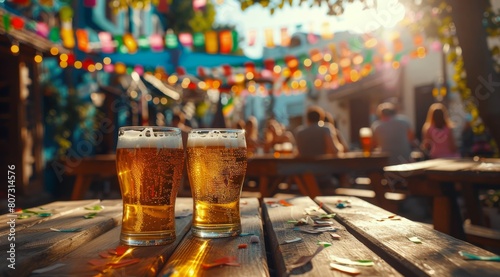 Three Glasses of Beer on Wooden Table