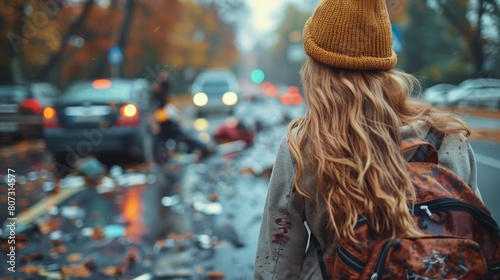 Woman Walking Down a Street With a Backpack