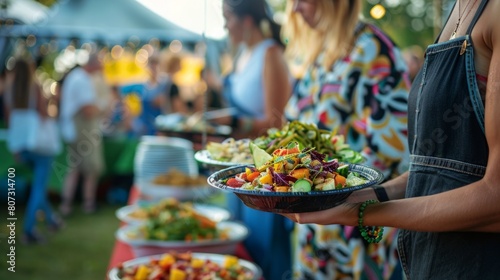 Fototapeta Naklejka Na Ścianę i Meble -  A woman is standing outdoors, holding a plate of food in her hands at an event.