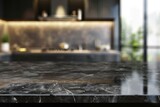 Modern dark marble table on blurry kitchen background for product display, montage, digital ai art