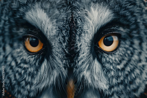 Front-facing photo of an owl, focus on the eyes. © AI Vision Studio
