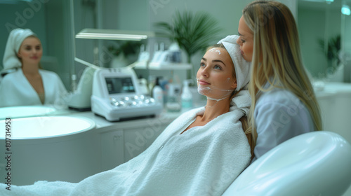 Young Professional Applying Facial Treatment to a Relaxed Woman in Modern Beauty Salon