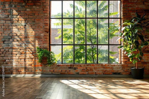 Spacious loft interior with large window  brick wall  and lush green plant in contemporary design