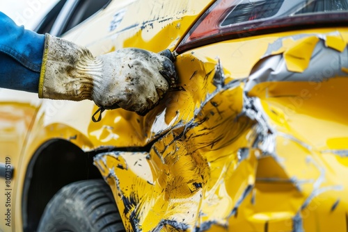 Professional auto body repair for yellow car restoration after an accident with modern tools photo