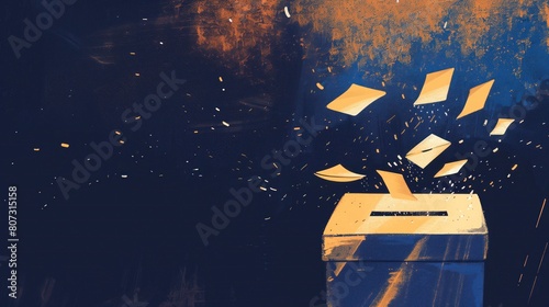 Votes falling into the ballot box, in tones of blue and orange. Illustration of the elections, voting and democracy concept