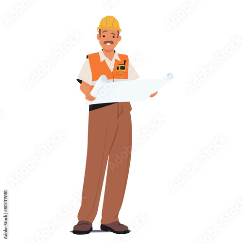 Construction Worker Male Character In An Orange Safety Vest And Yellow Hard Hat, Holding Blueprints And Reviewing Plans