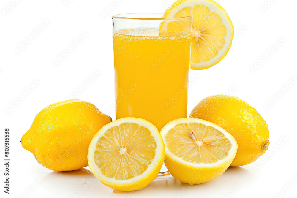 A glass of orange juice placed amidst fresh lemons on a white background A glass of orange juice placed amidst fresh lemons on a white background