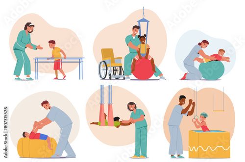 Caring Medical Professional Characters Guide Children Through Physical Therapy, Using Fun Engaging Activities