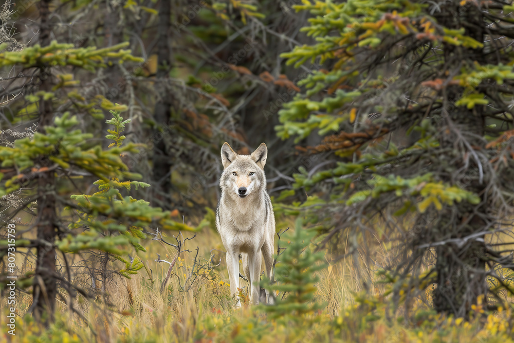 Photo of a gray wolf looking at camera The background is a forest. Gray wolf among the big trees Photo of a gray wolf looking at camera The background is a forest. Gray wolf among the big trees