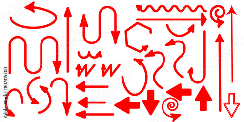 Set of red straight and curved arrows isolated