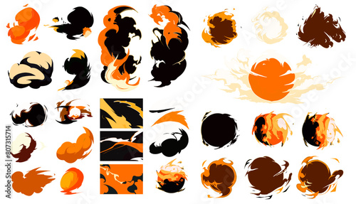 Big set of manga visual vector cartoon effects of smoke and dust clouds. Perfect for animation design, illustration, carton, anime, CG game art, tactical design, etc.
