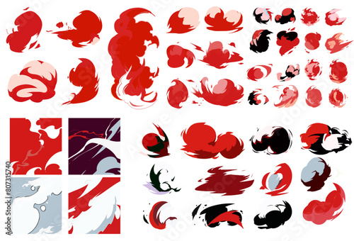 Big set of manga visual vector cartoon effects of smoke and fire blast in red and black colors. Perfect for animation design, illustration, carton, anime, CG game art, tactical design, etc.