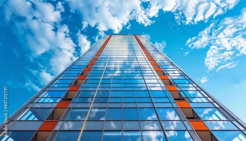 Prestigious glass high-rise tower with symmetrical design in urban skyline landmark