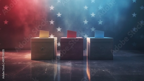 Three ballot boxes representing different choices in the elections, red and blue background  photo