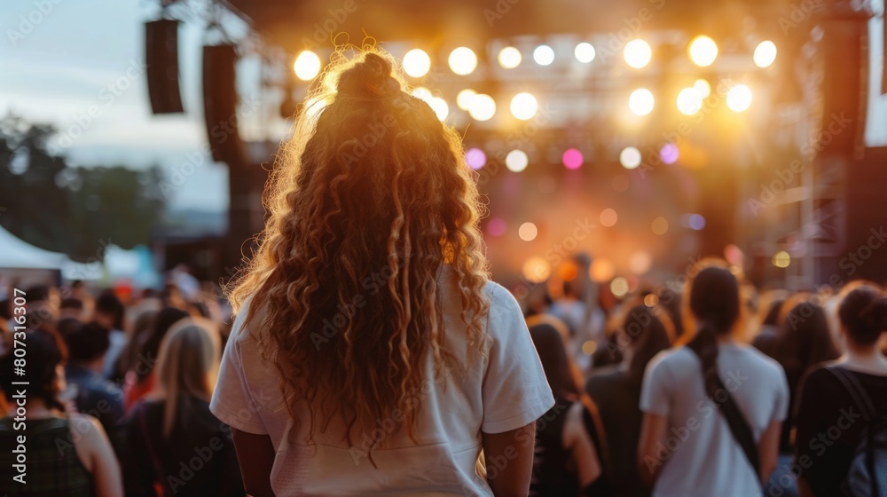 A woman with long hair stands confidently in front of a diverse crowd.