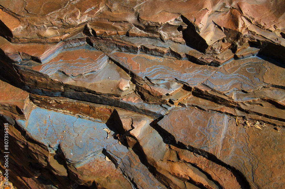 Blue patterns and structures on layers of banded ironstone formations in Karijini National park, in the Hamersley Range, Western Australia
Blue patterns and structures on layers of banded ironstone formations in Karijini National park, in the Hamersley Range, Western Australia