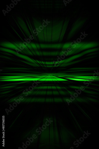 Dark background with green speed blur lines. Illustration with green colorful light trails in perspective