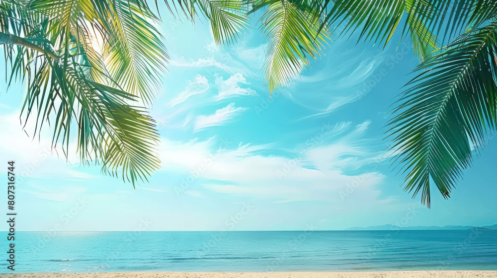A painting of a tropical beach with palm trees under a blue sky