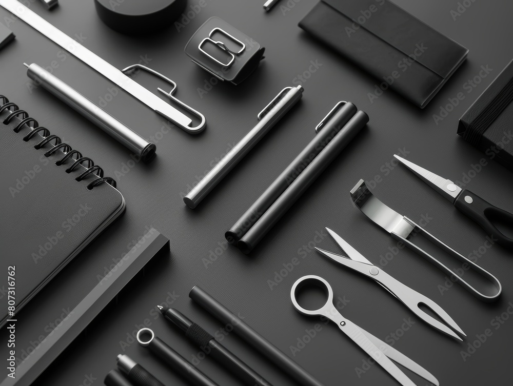 Elegant and simple high-res close-up of minimalist office supplies, emphasizing clips in a modern and artistic composition Elegant and simple high-res close-up of minimalist office supplies, emphasizing clips in a modern and artistic composition