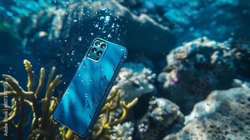 A mobile phone designed for underwater exploration, with waterproof features and marine-inspired aesthetics, against a softly blurred coral reef backdrop, immersing users in the beauty of the ocean photo