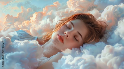 Dreamy close-up portrait of a young woman asleep, her head cradled by a pillow as soft as clouds, in a tranquil dream state photo