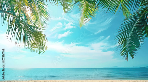 A painting of a tropical beach with palm trees under a blue sky
